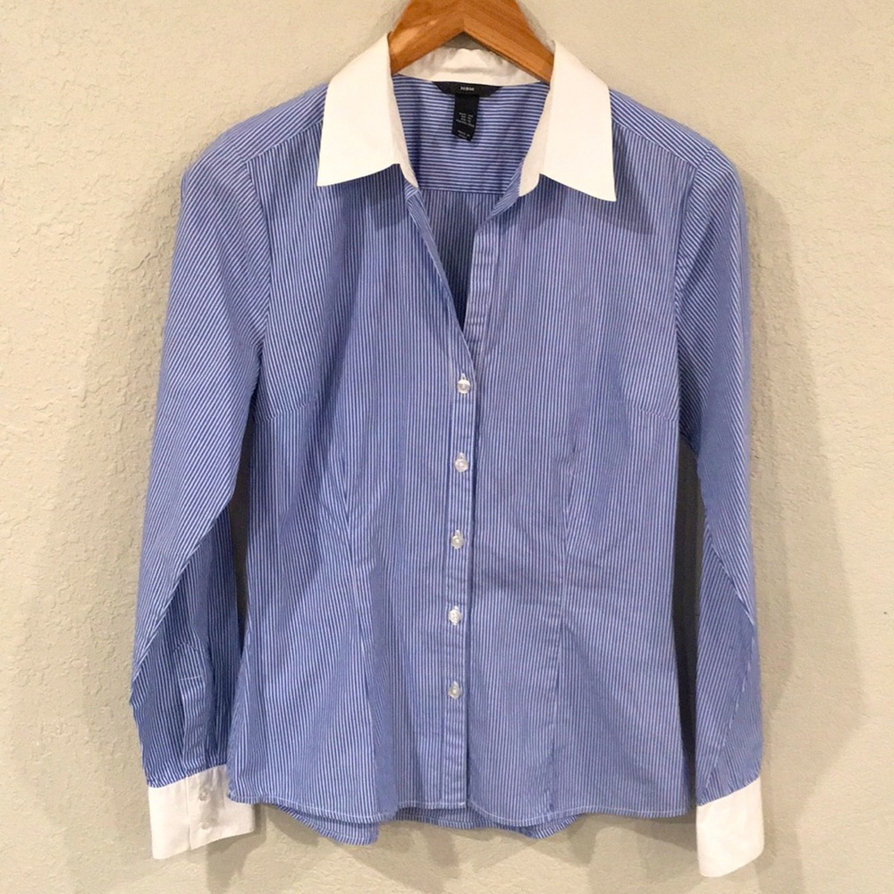 👍$5/Bundle H&M Women Contrasting Collar & Cuffs Button Blouse Sz 10 100% Cotton